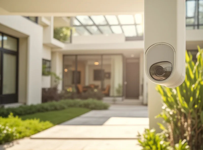 A modern home exterior with Arlo security cameras prominently displayed.