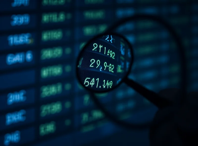 A close-up of a stock ticker displaying fluctuating prices, with a magnifying glass focusing on specific stocks.