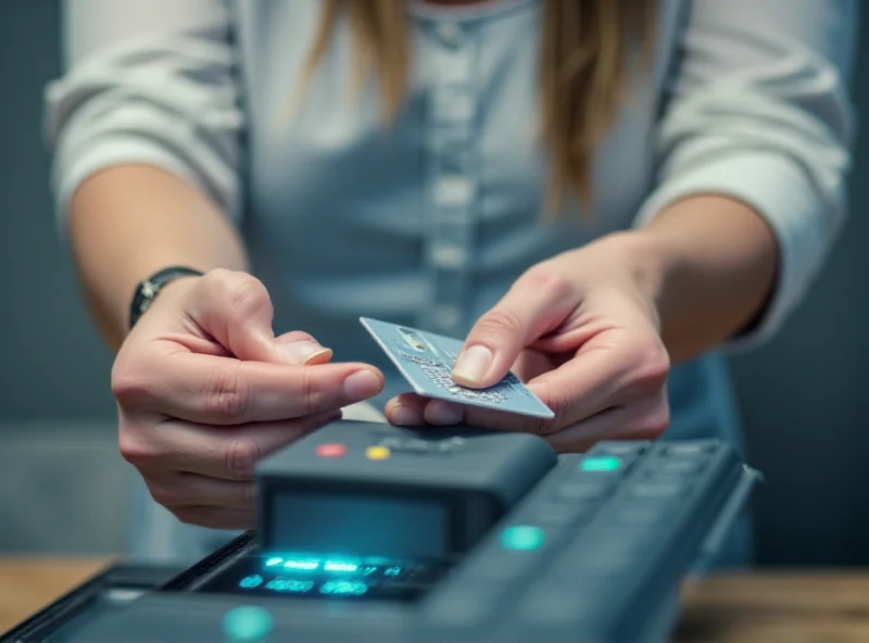 A close up of a credit card with the CPI Card Group logo subtly visible. The background is blurred and shows a person making a purchase at a point-of-sale terminal.