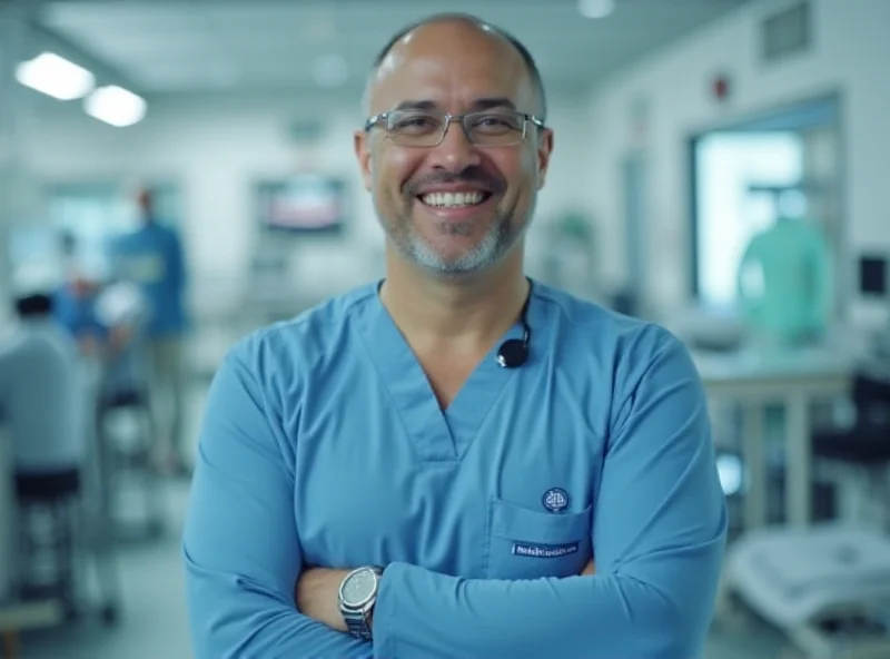 A person in medical scrubs, potentially from FIGS, Inc., standing in a hospital setting. The person is smiling and appears confident. The background is a busy but clean hospital environment.