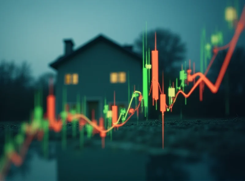 A graph showing fluctuating market trends with a house in the background, symbolizing the real estate market. The graph lines are colored green (positive) and red (negative).