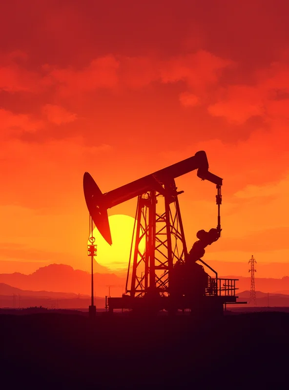 A digital illustration of an oil pump jack against a sunset.