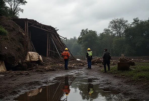 A photo showing the damaged grain gallery after the collapse, with emergency responders on the scene.