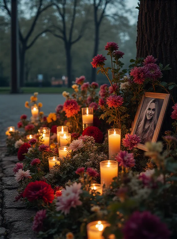 A somber image of a memorial with flowers and candles dedicated to Joanna Sz. in Siemianowice Śląskie. The scene conveys grief and remembrance.