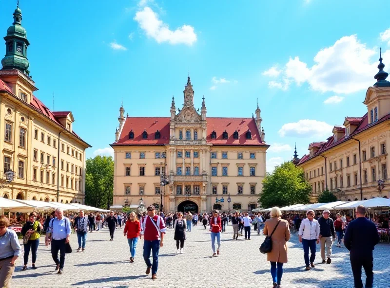 A sunny day in Krakow, Poland. The Main Market Square is bustling with people, and the Cloth Hall stands prominently in the background. The sky is blue with a few fluffy clouds.