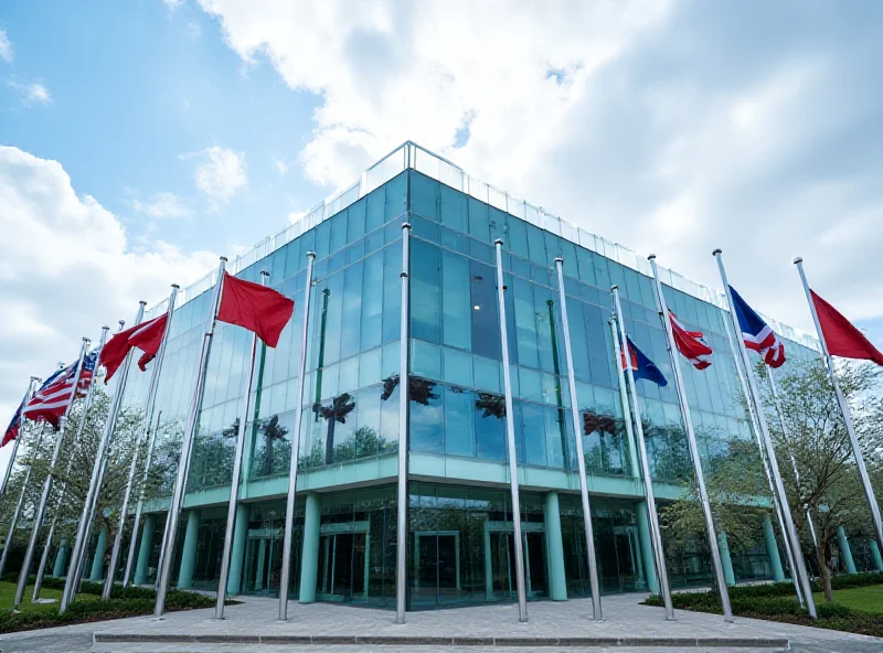 The exterior of a government building with flags waving in front.