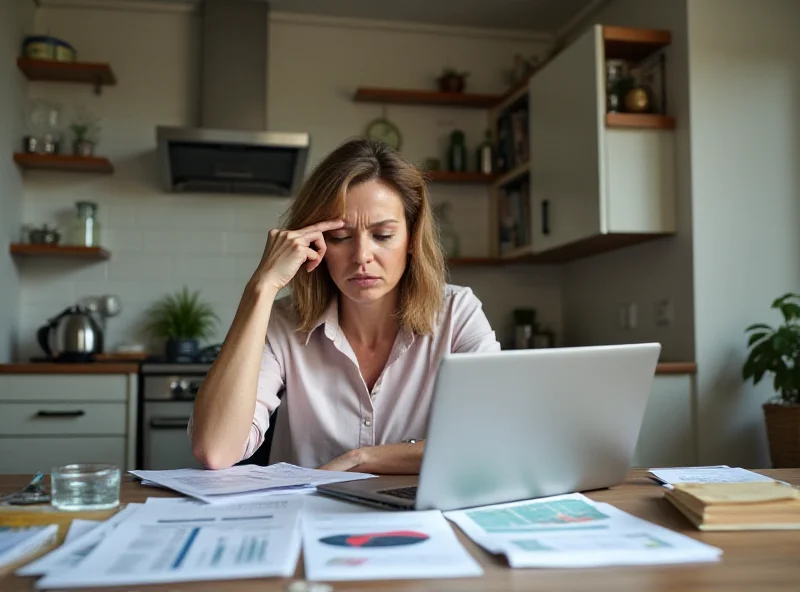 A woman looking stressed while reviewing bills and financial statements at her kitchen table.