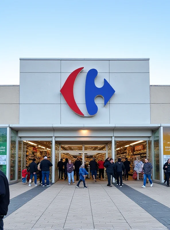 The exterior of a Carrefour supermarket, with people entering and exiting. The Carrefour logo is prominently displayed.