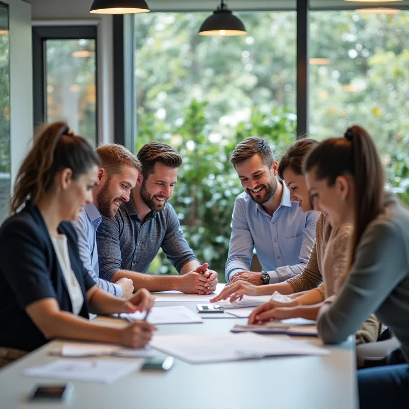 A diverse group of people working collaboratively in a modern office environment, suggesting a positive and ethical work culture.