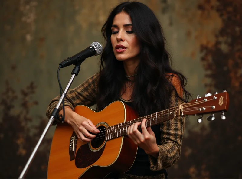 A film still of Monica Barbaro as Joan Baez, singing with a guitar.