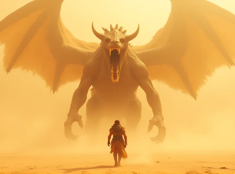 A hunter facing a massive, dragon-like monster in a desert environment, with a sandstorm brewing in the background.