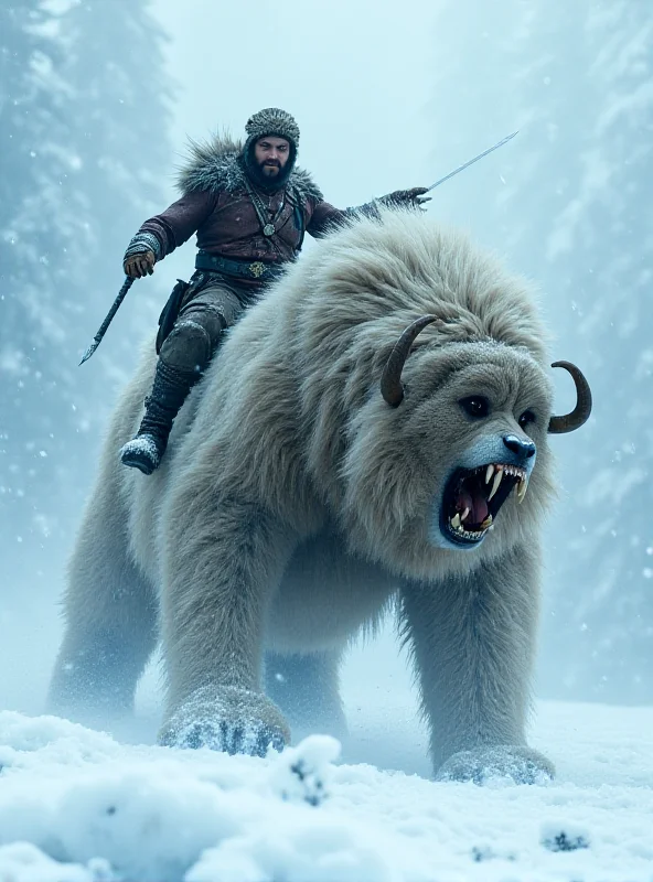 A hunter leaping onto the back of a large, tusked monster in a snowy environment.