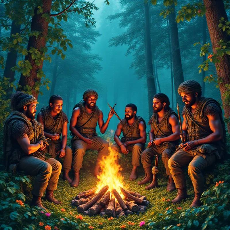 A group of hunters preparing for a hunt in a vibrant, jungle-like environment.