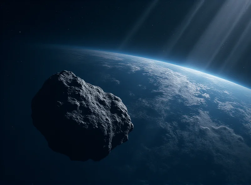 Artistic rendering of asteroid 2024 YR4 approaching Earth, with a dramatic sky background.