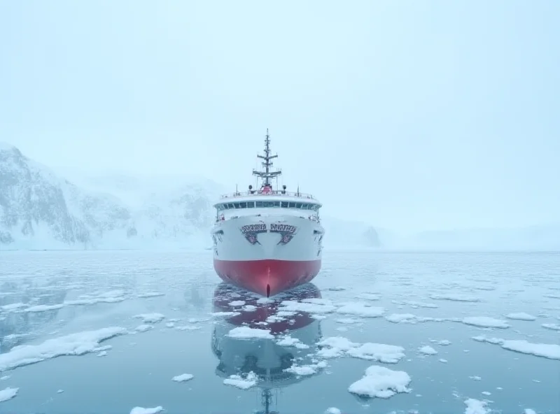 Exterior shot of the RSV Nuyina icebreaker sailing in icy waters, with the Antarctic landscape visible in the background.