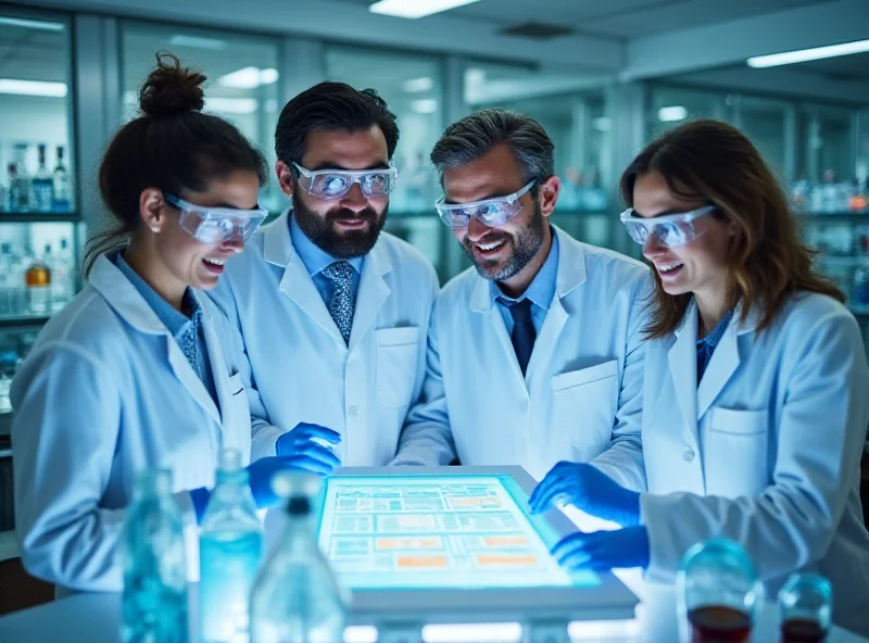 A group of scientists in a modern laboratory, looking excited and celebrating a successful experiment.