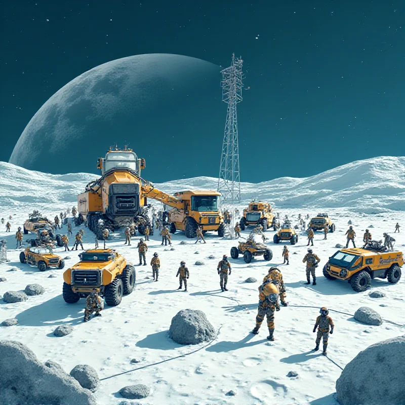 A futuristic illustration of a lunar base with robots and humans working together.