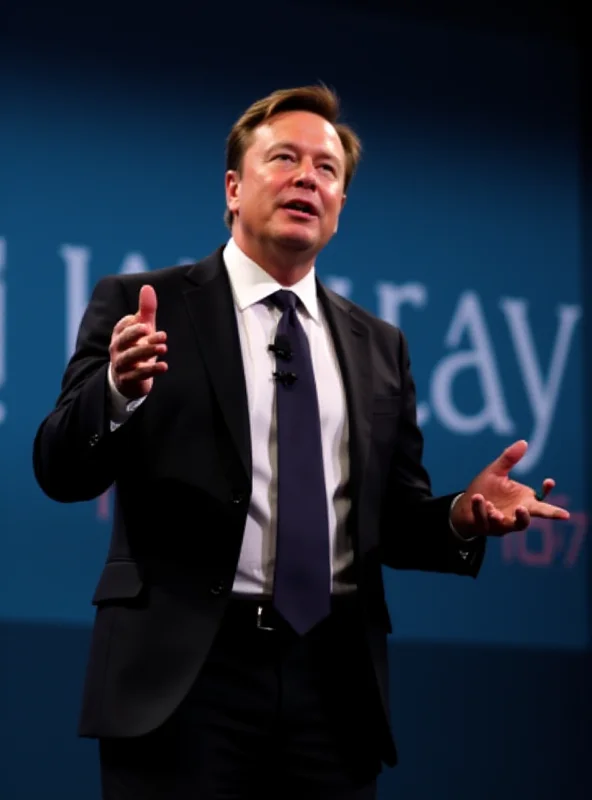 Elon Musk giving a presentation at a conference, gesturing with his hand, with the Morgan Stanley logo subtly displayed in the background.