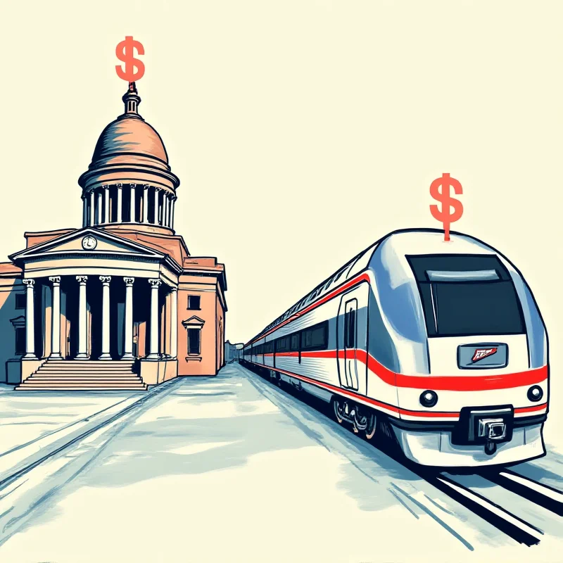 A stylized image comparing a government building (representing the Post Office) with a train (representing Amtrak), both with dollar signs superimposed on them, indicating privatization.