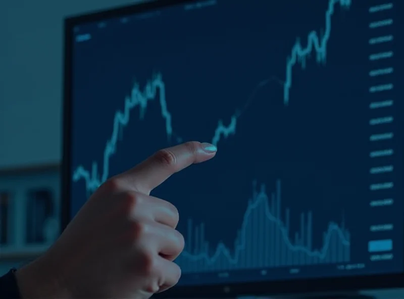 Close-up of a computer screen displaying stock market data and charts, with a person's hand pointing at the screen.