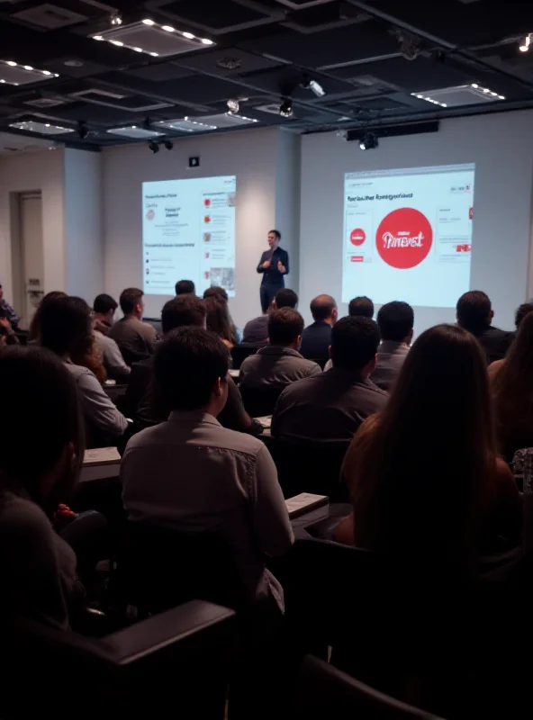 A conference room filled with attendees listening to a speaker on stage with a large screen displaying the Pinterest logo.