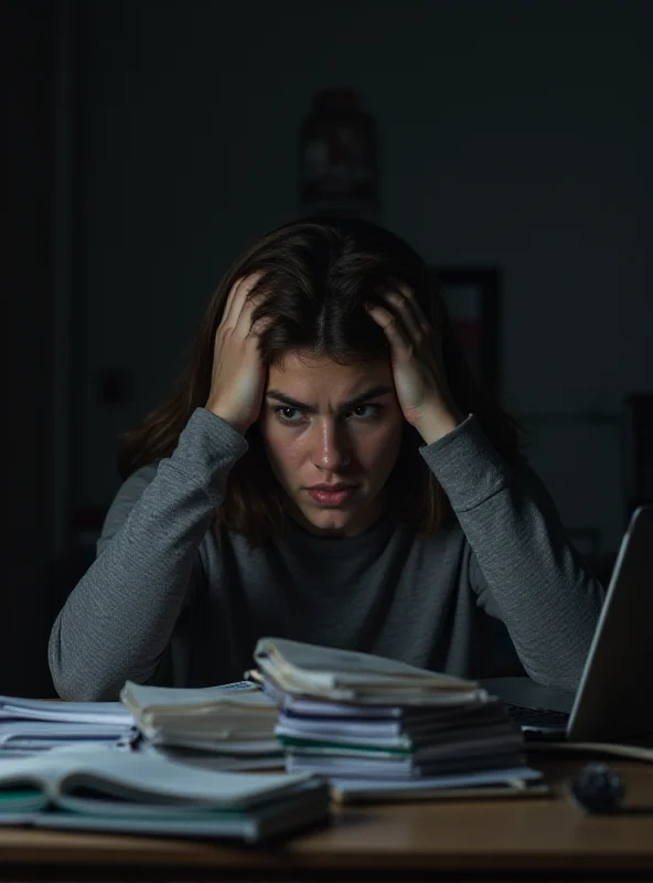 A student studying with a laptop and books, looking stressed.