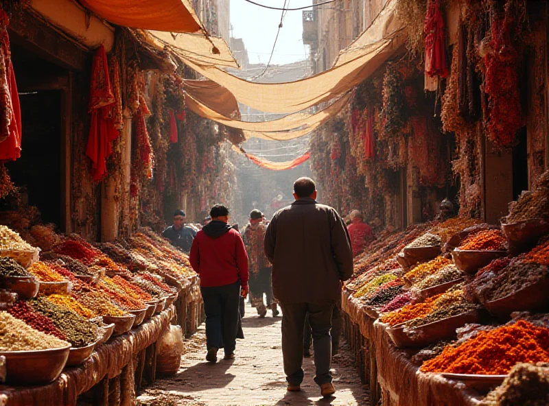A bustling Moroccan marketplace with people from different countries interacting, symbolizing visa-free travel.