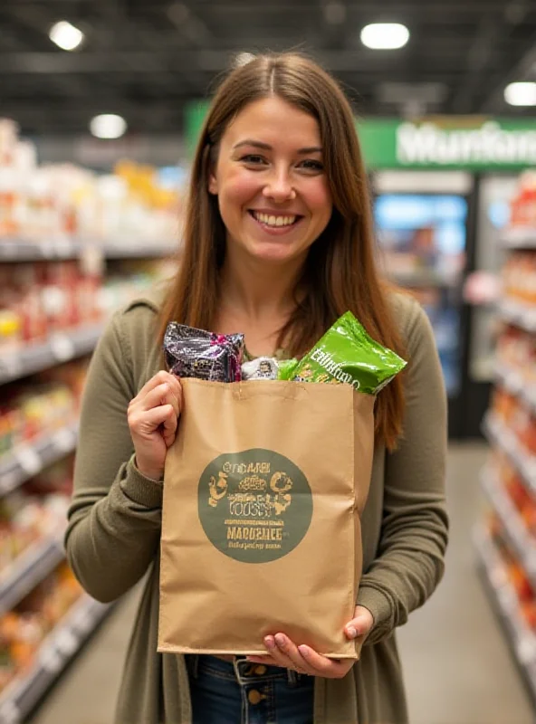 A woman smiling and holding a Too Good To Go bag from Morrisons.