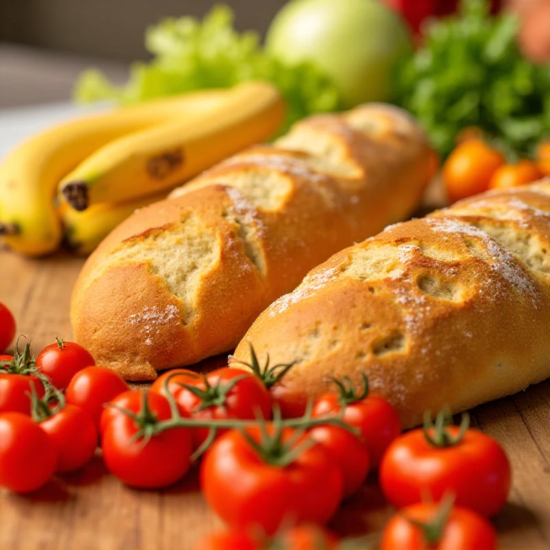 Assorted food items typically found in a Too Good To Go bag, like bread, fruits, and vegetables.