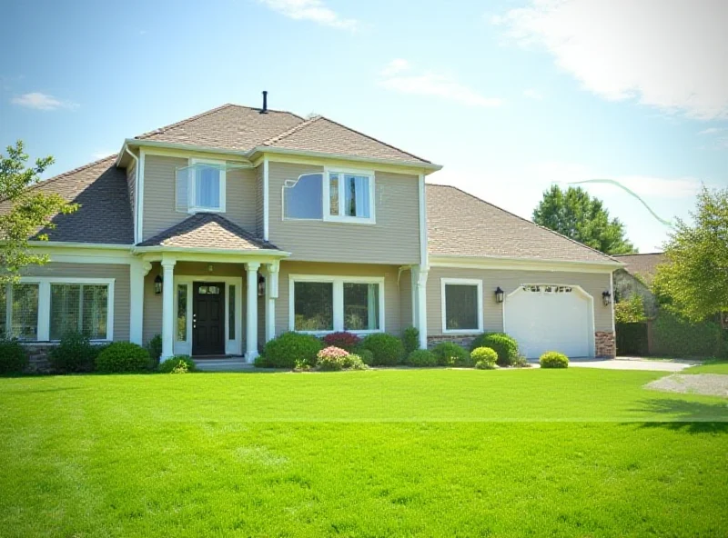 Image of a house with a graph showing mortgage rates decreasing in the background.