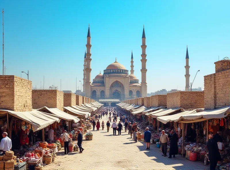 Mosul cityscape with the rebuilt Great Mosque of al-Nuri in the background, bustling with activity.