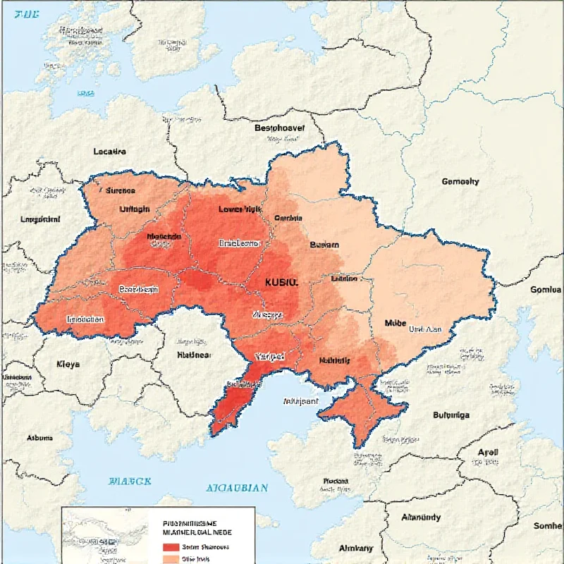 A map of Ukraine showing the frontline, with areas potentially at risk highlighted in red.