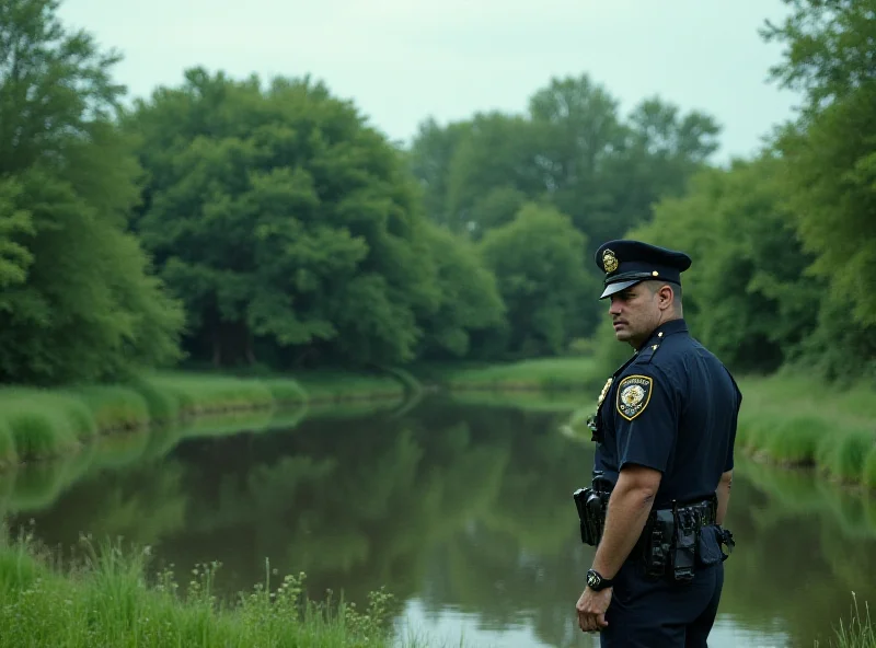 Image of a somber police officer standing near a pond in a rural setting.