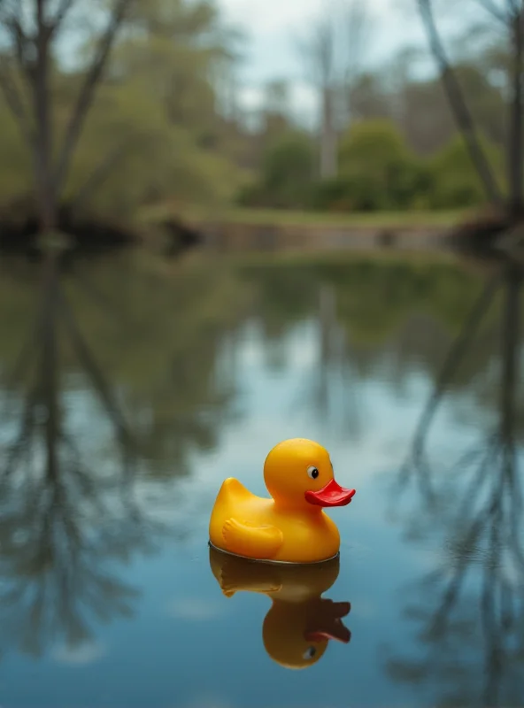 Image of a children's toy floating in a pond, creating a sense of sadness and loss.