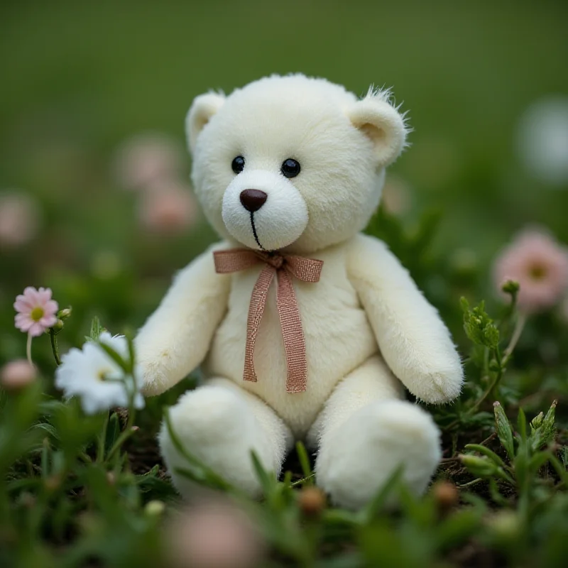 A close-up photograph of a small, white teddy bear left as a memorial, with blurred green foliage in the background.