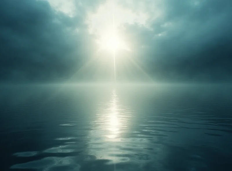 A digitally enhanced image showing a single shaft of sunlight breaking through a cloudy sky, illuminating a calm pond surface.