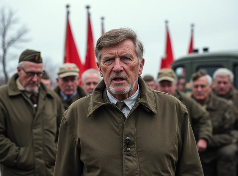 Pavel Budinsky in military uniform addressing a group of veterans