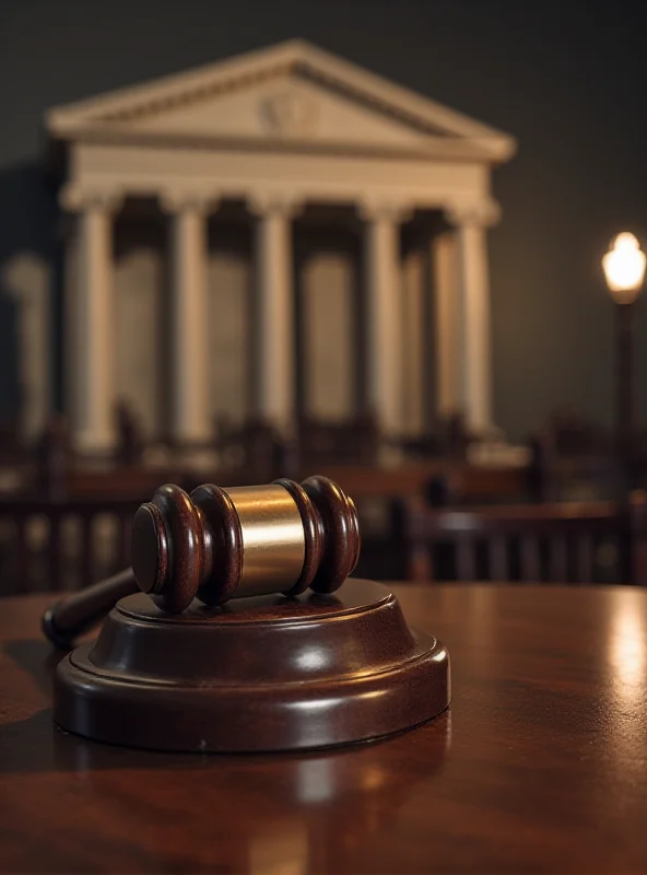 Courthouse exterior with gavel in the foreground