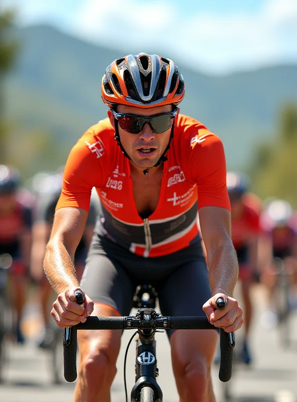 A cyclist, Remco Evenepoel, riding his bike in a race, focused and determined.