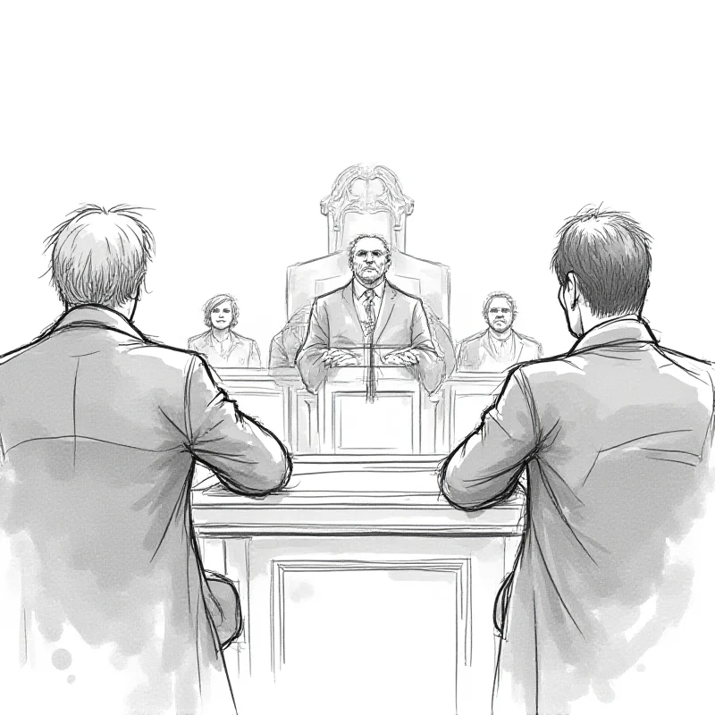 Courtroom scene sketch with lawyers and defendants