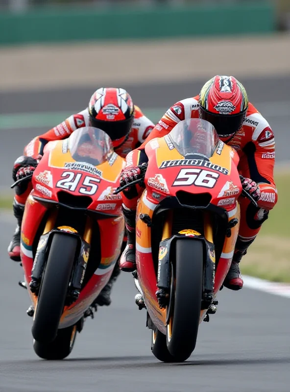Marc Marquez and Pecco Bagnaia on Ducati motorcycles racing on a track.