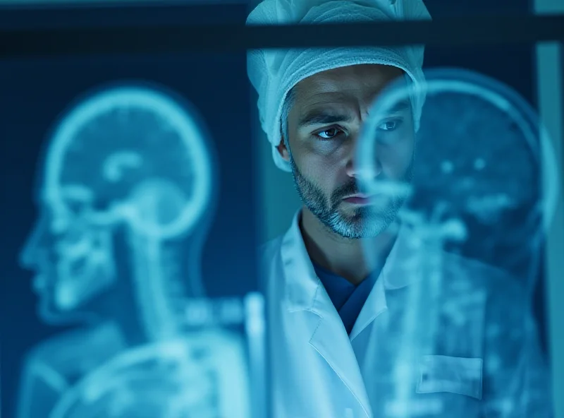 A concerned doctor looking at an x-ray in a hospital setting.