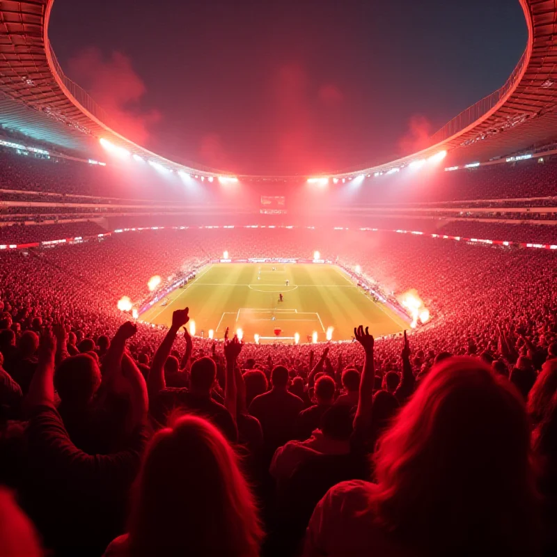 A wide shot of a football stadium during a heated match, with fans cheering and flares being lit.