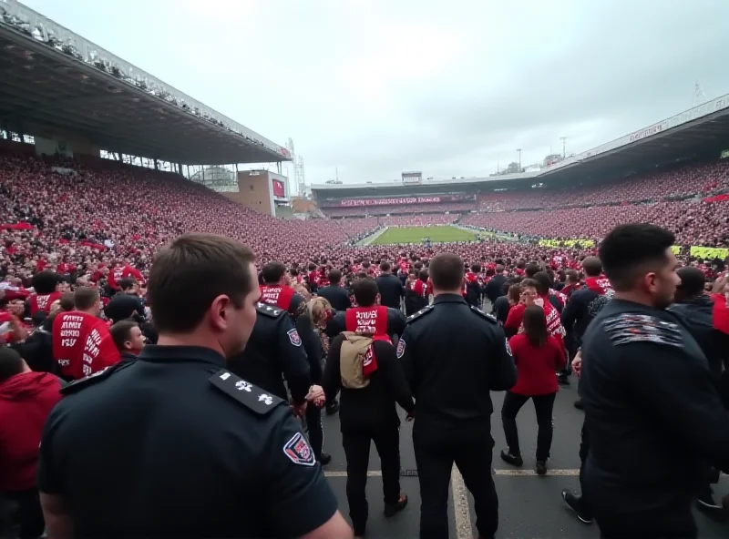 A crowd of football fans walking towards a stadium on match day. Police officers are visible in the background.