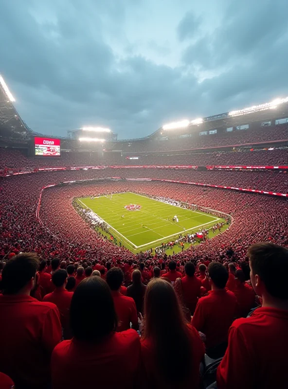 A crowded football stadium with fans cheering and waving flags. The atmosphere is electric and filled with tension.