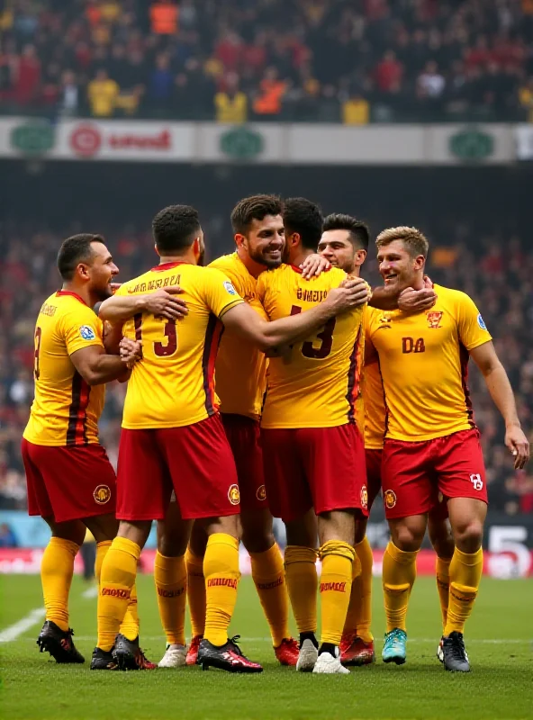 A Galatasaray team celebrating a goal during a football match.