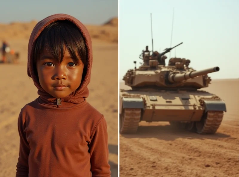 A split image showing a child in need receiving aid on one side and a military tank on the other, representing the trade-off between aid and defense spending.