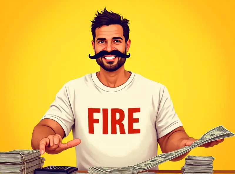 Illustration of a man with a large mustache happily clipping coupons, wearing a t-shirt that says 'FIRE'.