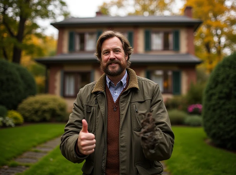 Mr. Money Mustache standing in front of his house, smiling and giving a thumbs up. The house is modest but well-maintained, surrounded by a thriving garden.