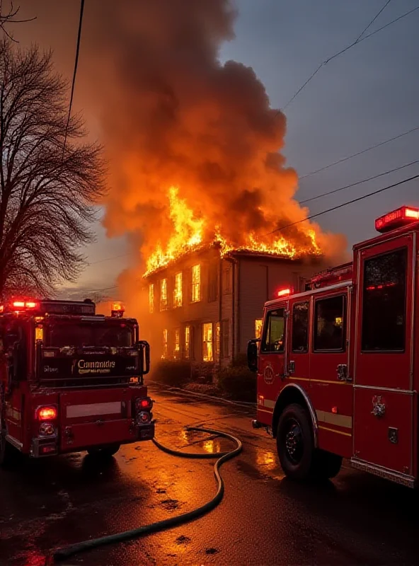 Firefighters battling a house fire in a residential area